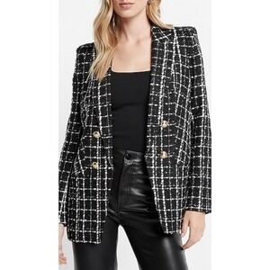Express Tweed Double Breasted Blazer Jacket XL Gold Button Black White Plaid NEW